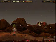 Screenshot of the Last Mars Tower game showing a large defense tower on the Martian surface firing at multiple incoming human aircraft and ground vehicles.