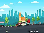 Screenshot of the Car Transporter game showing a large car hauler truck on a city road, about to deliver cars to a showroom