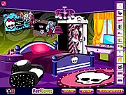 Monster High Fan Room Decoration free online game screenshot, designing a pink and black themed bedroom with Monster High dolls and posters, dress-up and decoration game on PlayArcadeHub