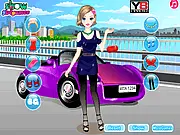 Gameplay screenshot of Driving to the Party Dress Up, showing a girl selecting clothes and accessories before driving her new car to a party.