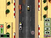 Gameplay screenshot from Mean Race Down showing an armored car chasing an enemy vehicle on a busy highway, with a timer and health bar visible.
