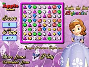 Gameplay screenshot of Sofia the First Bejeweled, showing Princess Sofia and a grid of colorful, matching jewelry and objects.