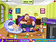 Screenshot of the free online game Super Dad Simulator showing a cartoon father character happily engaged in a household task with his family.