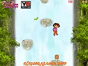 The character Dora jumping between large and small slippery rocks in a waterfall environment in the online platformer game