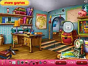 Screenshot of My Sweet Room Hidden Objects game - finding a hidden toy, clock, and book in a messy, charming bedroom scene - free online hidden object game