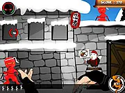 Dawn of the Sniper Ninja game screenshot showing a ninja character aiming a shuriken gun at several red and black ninjas on a building rooftop. Play free online arcade shooter game.