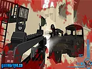 Gameplay screenshot from Sharps Triggers, showing a sniper rifle scope zoomed in on an enemy target in a war zone environment