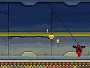 Screenshot from Spider Hero Trilogy showing the superhero jumping between buildings to collect a glowing spider coin