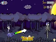 Gameplay screenshot from Skully Quest showing a cannon aiming at a wooden and stone construction holding skulls on PlayArcadeHub