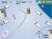 Screenshot of Park the Snowmobile free online game showing a snowmobile maneuvering through an icy parking lot.