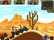 Gameplay screenshot of ATV CowBoy Racing Online, showing a quad bike speeding across a bumpy desert track while smashing crates.