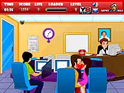 A young couple kissing secretly at a computer desk inside a public browsing center while looking out for other patrons and a security camera
