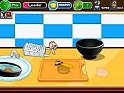 Screenshot of the Chat Cafe cooking game interface showing a busy counter, food preparation stations, and multiple waiting customers