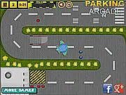 Free online game screenshot of Airplane Runway Parking showing a large passenger jet being carefully maneuvered on an airport taxiway near ground service vehicles