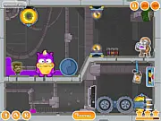 Screenshot of the Feed Me Moar puzzle game showing a stream of purple liquid food heading toward a large, hungry monster with a lab setting in the background