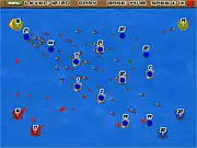 Screenshot of the Ultimate Ship War strategy game showing multiple naval ships, floating resource factories, and defensive towers in combat