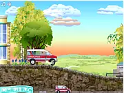 Screenshot of the Ambulance Truck Driver 2 driving game showing a large ambulance truck speeding through city traffic on a rescue mission