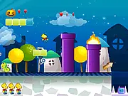 Screenshot of Super Simpsons World game showing Bart Simpson jumping over a 'bad fruit' enemy in a 2D side-scrolling level