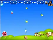 Screenshot of Monkey Hop online game, monkey about to jump, collecting fruits, avoiding bombs, physics game