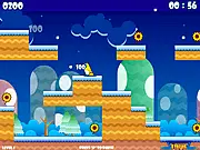 The main character collecting a flower while avoiding spikes and an enemy creature in the snow-themed online platform game, Snow Mow