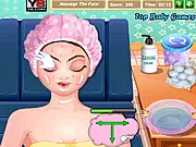 Screenshot from Moms Facial Time game showing a mom client receiving a facial treatment in a relaxing virtual spa setting