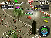 Screenshot of Dirt Showdown game showing two sports cars colliding and crashing in a dirt racing arena