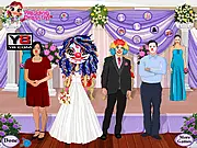 The clown bride and groom standing together, wearing colorful, funny oversized outfits and exaggerated makeup in the wedding dress-up game