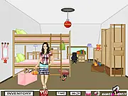 Screenshot of Find My Puppy online game, girl searching a colorful room for her lost pet