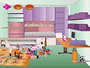 Game screenshot of Girls Study Room Decor showing a stylishly arranged study room with a desk, books, and colorful decor