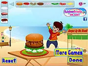 Burger Mania Decorate free online cooking and decoration game screenshot of a freshly built, highly decorated hamburger