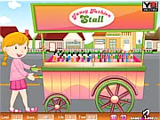 Screenshot of the Fancy Fashion Stall free online game, showing a little girl serving fashionable items from a wooden cart to waiting customers.