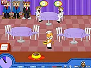 Server Kitty free online cooking game screenshot, kitty serving dog customers in a restaurant on PlayArcadeHub