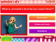 Gameplay screen of the Jennette McCurdy Fan Quiz online, featuring a question about her celebrity career on PlayArcadeHub