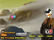 Screenshot of Po Archery Practice free online game, showing the character Po shooting a bow and arrow at flying balloons.