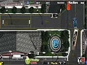 Just Park It 2 gameplay screenshot showing a large red 18-wheeler truck and its long trailer being carefully parked into a yellow highlighted spot in a parking lot