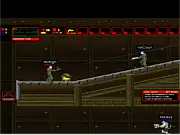 Gameplay screenshot of Gun Warriors, showing a pixelated character in a combat stance firing a large gun at several enemy figures.