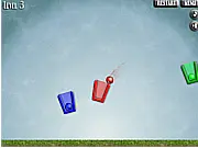 Screenshot of the free online game Bucket Balls: Catch the Ball 2, showing a colored ball being launched toward a matching bucket through a physics-based obstacle course.