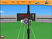 London Olympic Archery free online sports game screenshot, aiming an arrow at a target with wind visible on PlayArcadeHub