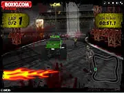 Dead Tread free online game screenshot showing a large monster truck with spiked tires driving over a horde of angry zombies on a hilly, apocalyptic road.