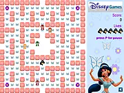 Screenshot of Jasmine Collects Butterflies game, showing Princess Jasmine inside a maze structure, moving to collect a yellow butterfly while avoiding a Jafar-themed enemy figure, available to play free online.