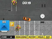 Screenshot of the Auto Repair Parking Simulator game showing a blue sedan being carefully reversed into a designated yellow-highlighted parking spot in a garage.