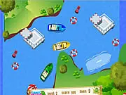 Sailing a boat toward a marked parking area on the shore in the free online Boat Parking Simulator game