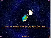 Screenshot of Extraterrestrial Activity online game showing a giant laser cannon on Earth firing beams at several green alien UFOs and red incoming missiles in space