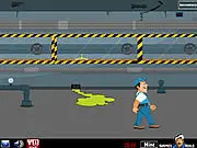 The trapped repairman character looking for useful objects and hints to escape the locked toxic factory in the free online point and click game