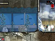 Feed Us 5 piranha game. Bloody screen showing the killer piranha attacking a victim in the water.