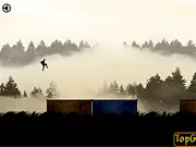 The main gameplay screen for Crazy Runner Flash, showing a small, stylized character running and jumping over a series of pixelated obstacles like crates and spikes.