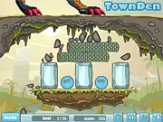 A completed structure made of blocks and planks successfully shielding several fragile dinosaur eggs from a falling object in the free online game Jurassic Eggs
