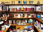 Book Store Hidden Objects game screen showing a cluttered book store with many items to find.