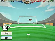 Gameplay screen of Euro Shootout 2012, showing a football player taking a penalty kick against a goalkeeper, with a stadium crowd in the background.