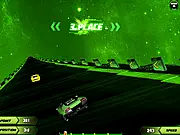 Screenshot of Ben 10 Racing 3D game showing Ben Tennyson driving a stylized race car on a futuristic 3D track